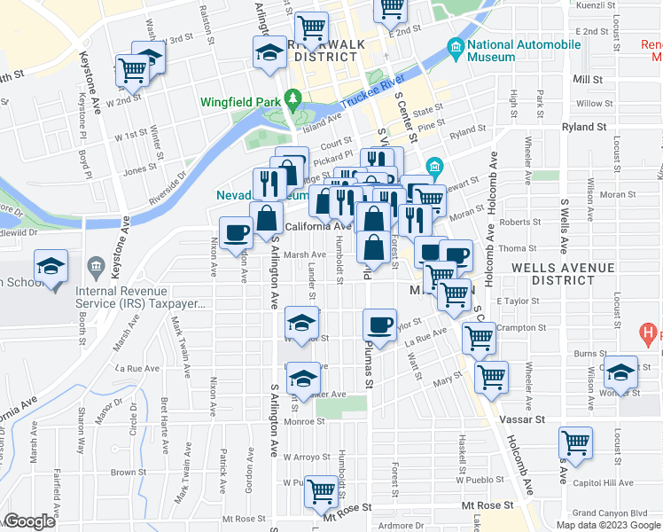 map of restaurants, bars, coffee shops, grocery stores, and more near 534 Humboldt Street in Reno