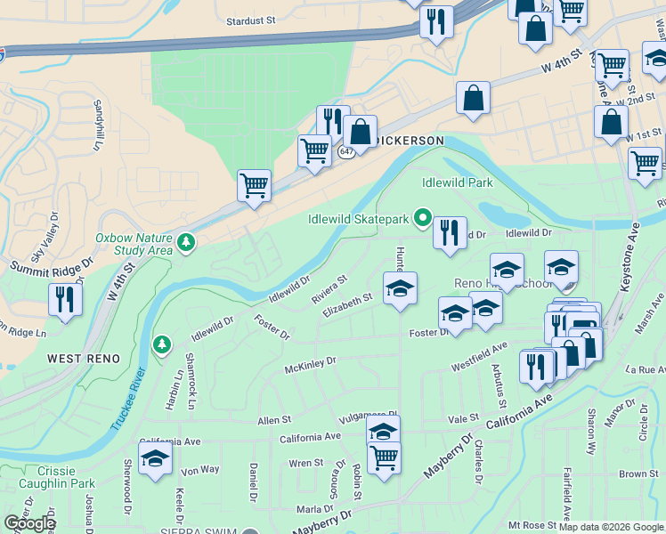map of restaurants, bars, coffee shops, grocery stores, and more near 2302 Idlewild Drive in Reno