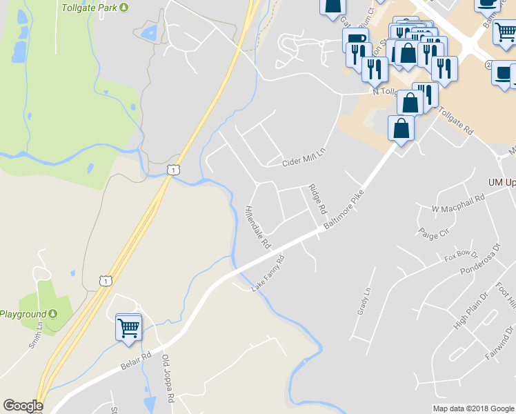 map of restaurants, bars, coffee shops, grocery stores, and more near 207 Hillendale Road in Bel Air
