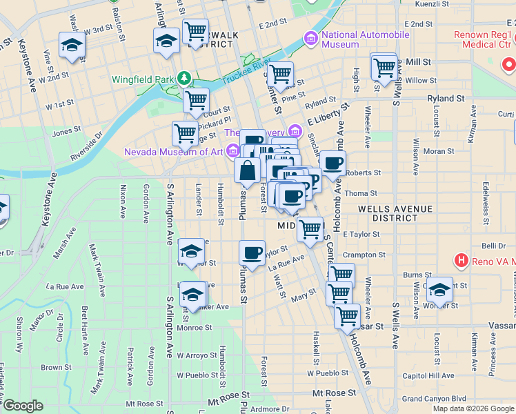 map of restaurants, bars, coffee shops, grocery stores, and more near 620 Tahoe Street in Reno