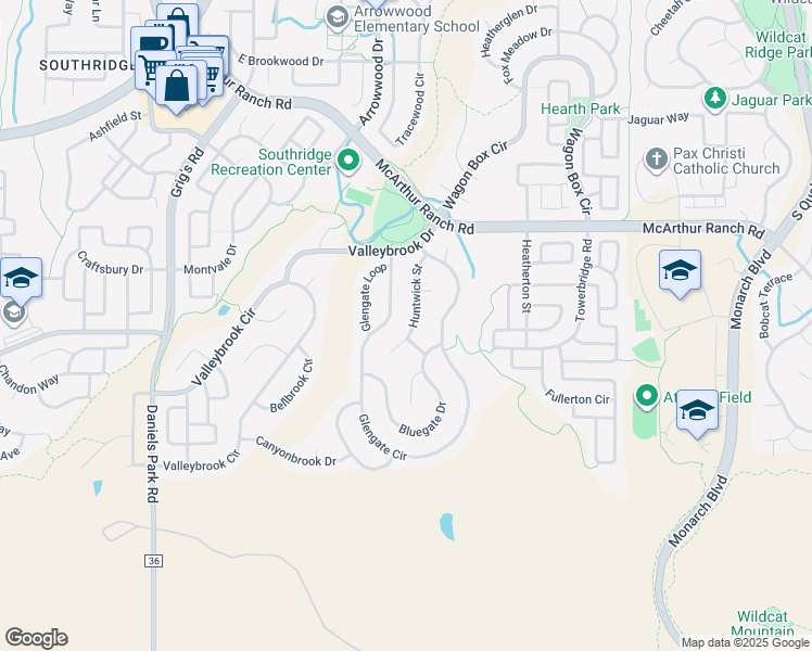 map of restaurants, bars, coffee shops, grocery stores, and more near 10776 Glengate Circle in Littleton