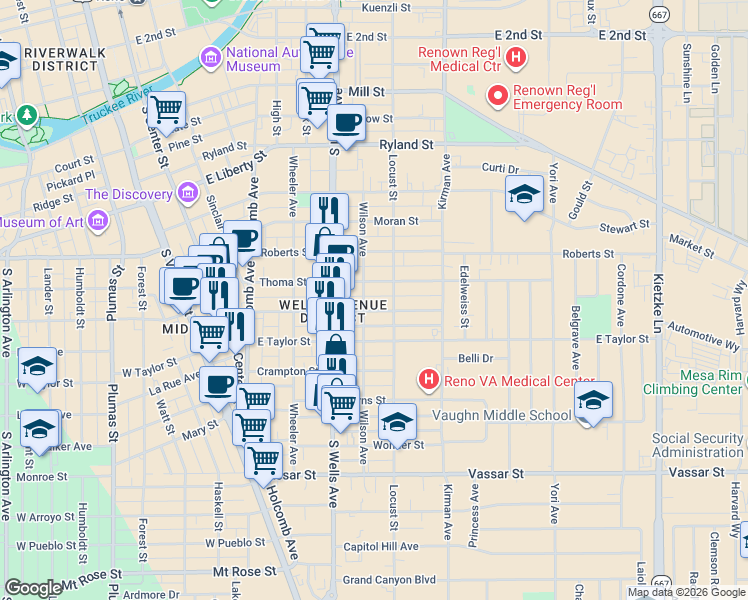 map of restaurants, bars, coffee shops, grocery stores, and more near 705 Wilson Avenue in Reno