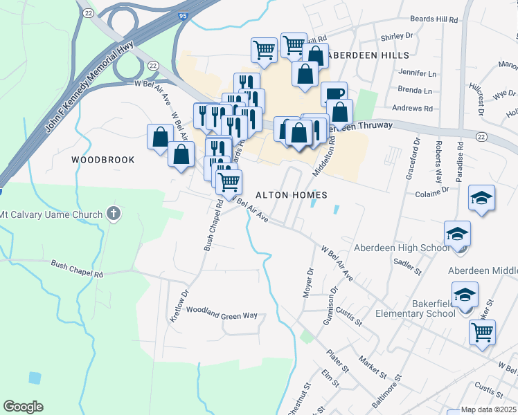 map of restaurants, bars, coffee shops, grocery stores, and more near 729 West Bel Air Avenue in Aberdeen