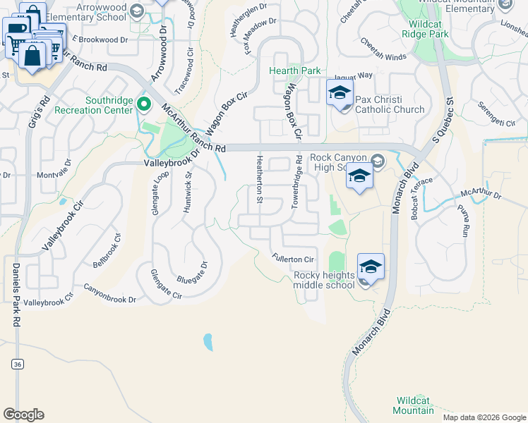 map of restaurants, bars, coffee shops, grocery stores, and more near 5377 Cloverbrook Circle in Littleton
