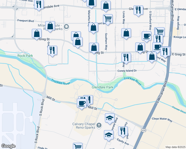 map of restaurants, bars, coffee shops, grocery stores, and more near 1705 Marietta Way in Sparks
