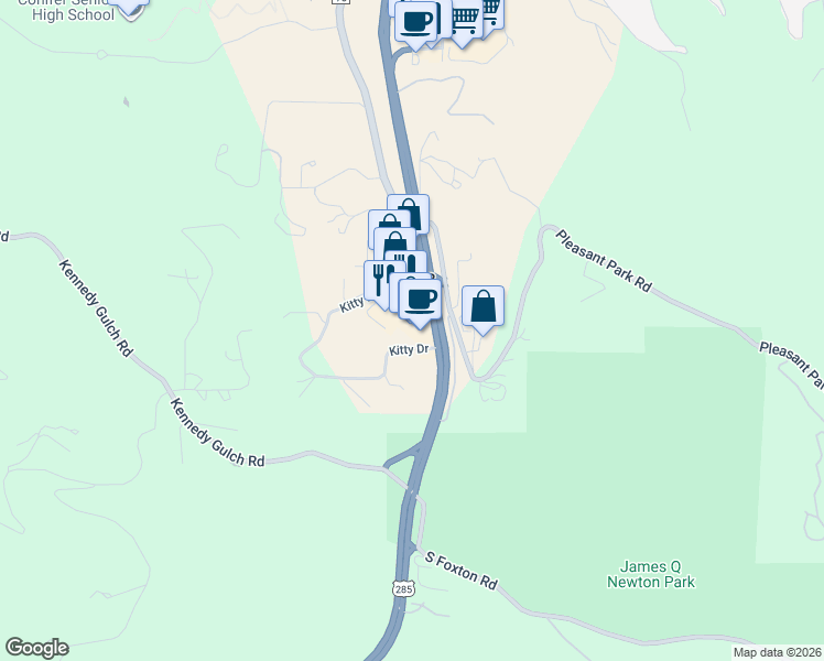 map of restaurants, bars, coffee shops, grocery stores, and more near 10903 US Highway 285 in Conifer