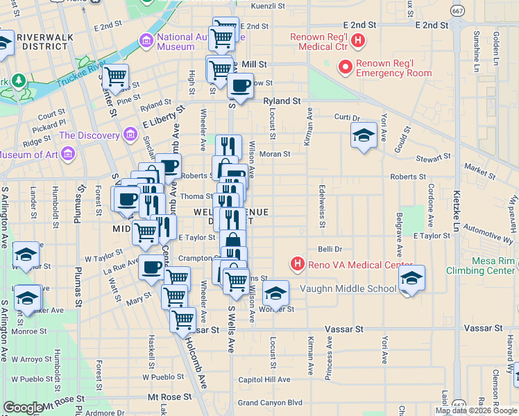 map of restaurants, bars, coffee shops, grocery stores, and more near 705 Wilson Avenue in Reno