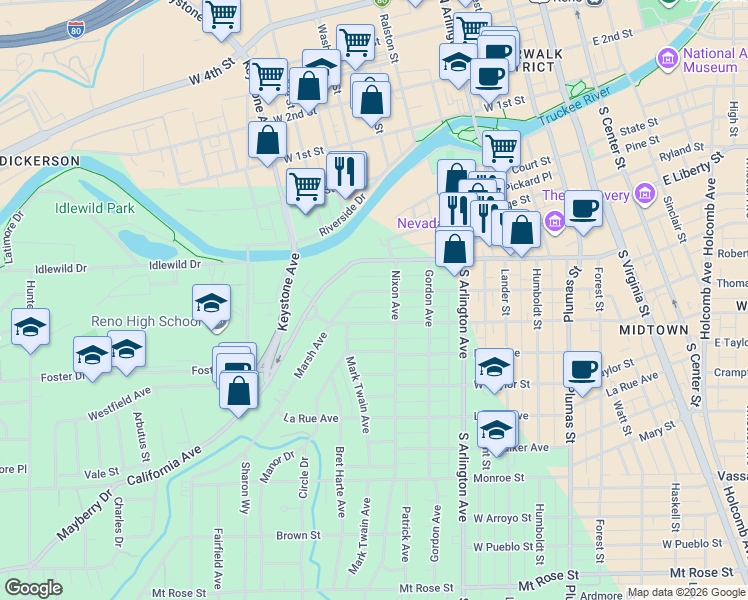 map of restaurants, bars, coffee shops, grocery stores, and more near 655 Marsh Avenue in Reno
