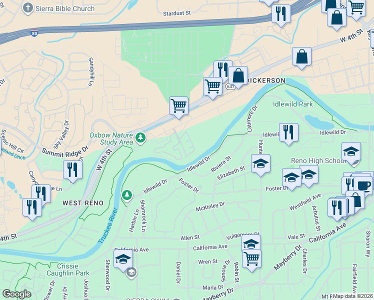 map of restaurants, bars, coffee shops, grocery stores, and more near 290 Mark Jeffrey Lane in Reno