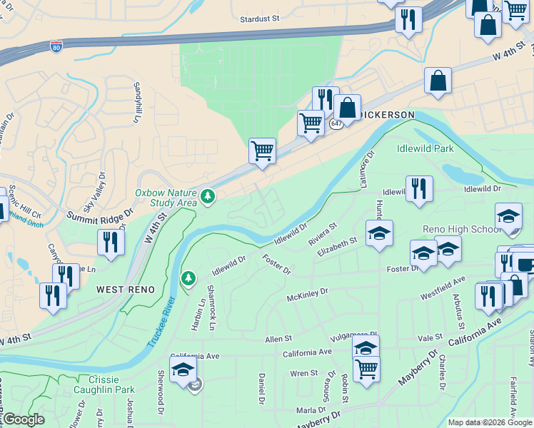 map of restaurants, bars, coffee shops, grocery stores, and more near 290 Mark Jeffrey Lane in Reno