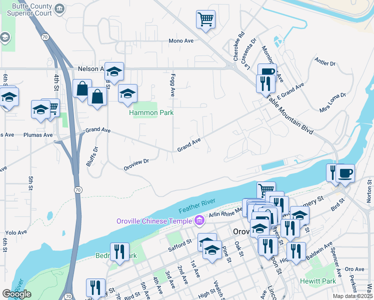map of restaurants, bars, coffee shops, grocery stores, and more near 70 Grand Avenue in Oroville