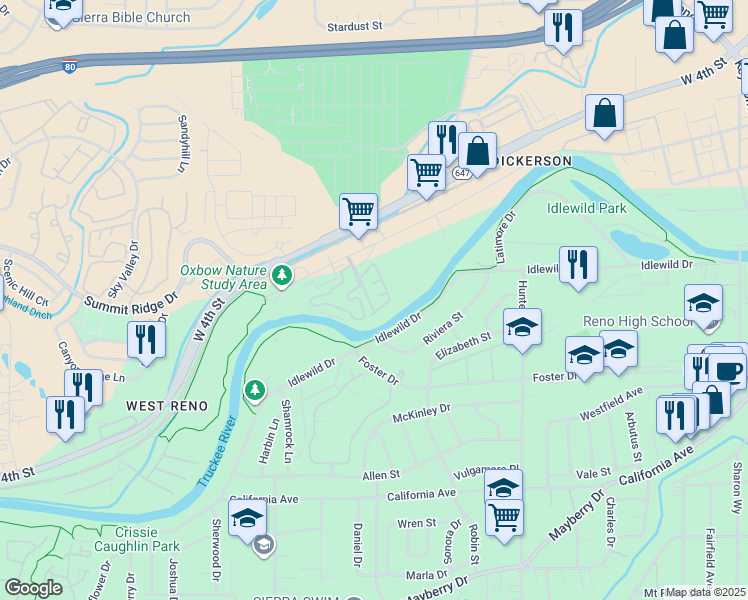 map of restaurants, bars, coffee shops, grocery stores, and more near 290 Mark Jeffrey Lane in Reno