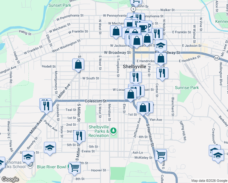 map of restaurants, bars, coffee shops, grocery stores, and more near 238 West Locust Street in Shelbyville