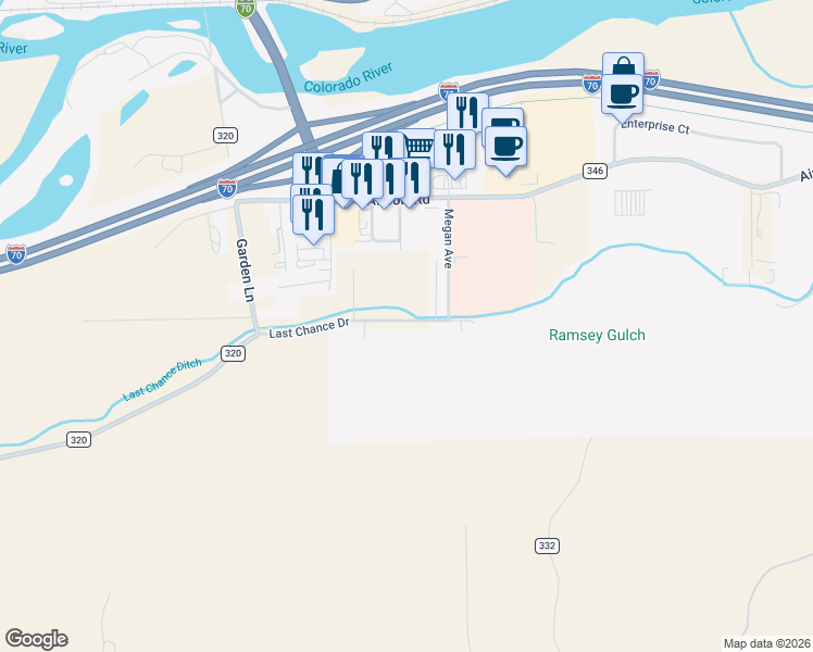 map of restaurants, bars, coffee shops, grocery stores, and more near 961 Last Chance Drive in Rifle