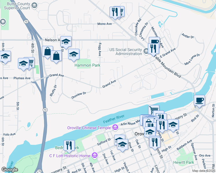 map of restaurants, bars, coffee shops, grocery stores, and more near 73 Grand Avenue in Oroville