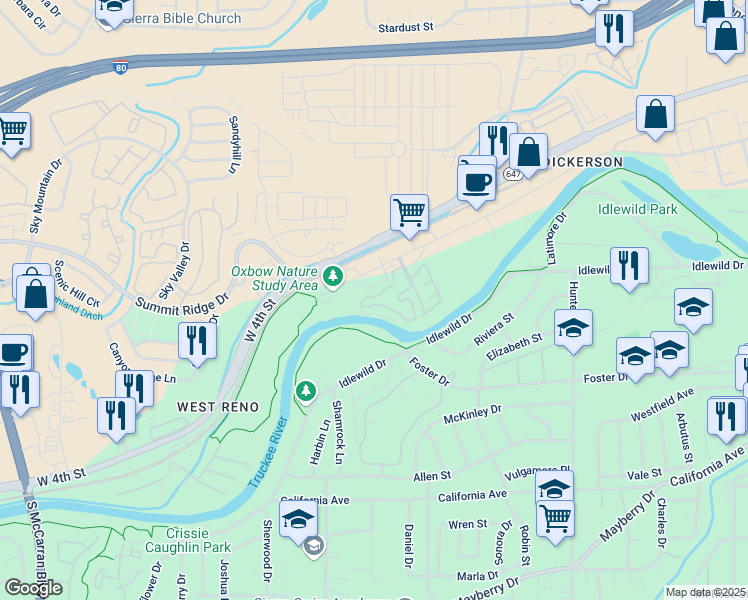 map of restaurants, bars, coffee shops, grocery stores, and more near 2840 Dana Kristin Lane in Reno