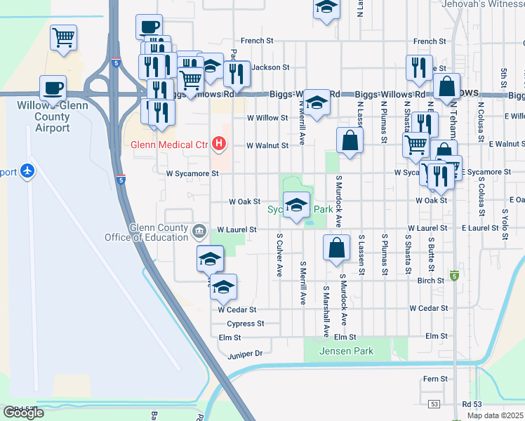 map of restaurants, bars, coffee shops, grocery stores, and more near 205 South Culver Avenue in Willows