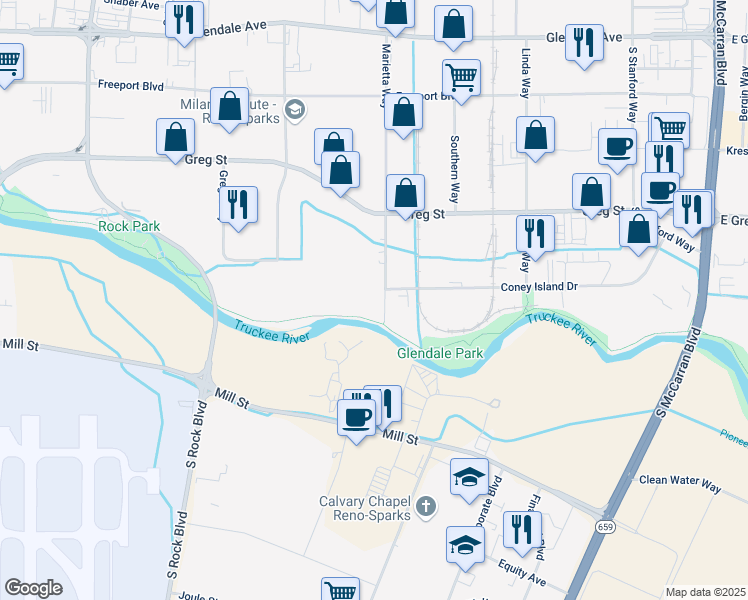 map of restaurants, bars, coffee shops, grocery stores, and more near 1705 Marietta Way in Sparks