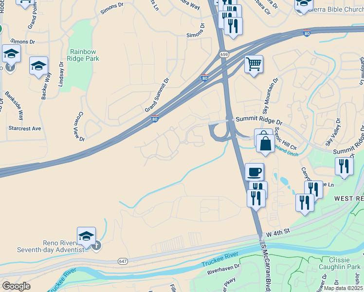 map of restaurants, bars, coffee shops, grocery stores, and more near Unnamed Road in Reno
