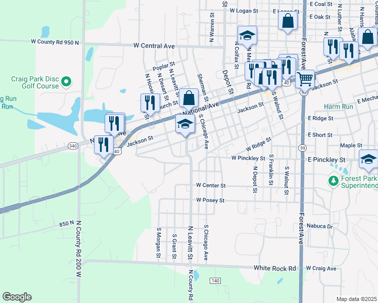 map of restaurants, bars, coffee shops, grocery stores, and more near 220 S Leavitt St in Brazil