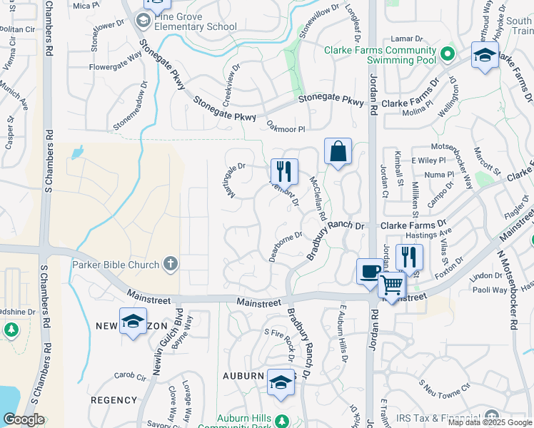map of restaurants, bars, coffee shops, grocery stores, and more near 16313 Roan Court in Parker