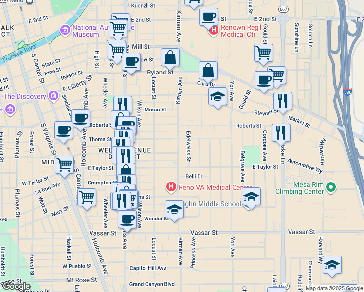 map of restaurants, bars, coffee shops, grocery stores, and more near 720 Edelweiss Street in Reno
