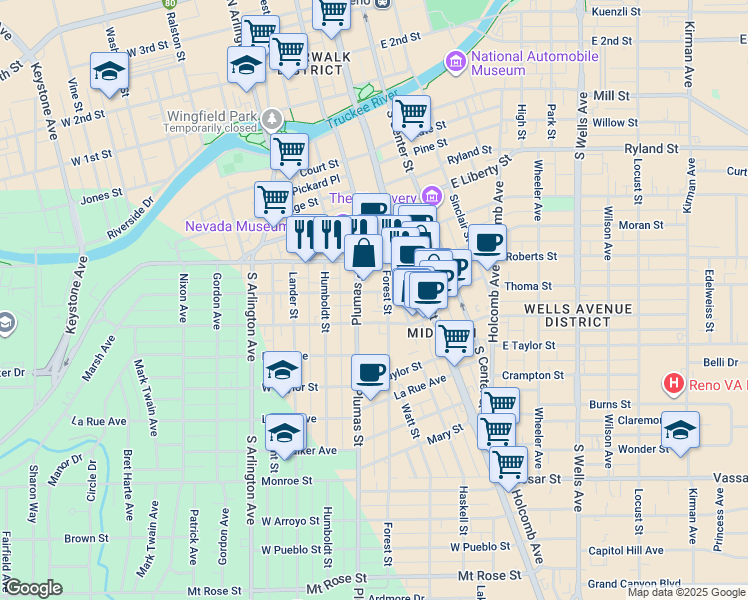 map of restaurants, bars, coffee shops, grocery stores, and more near 142 Marsh Avenue in Reno