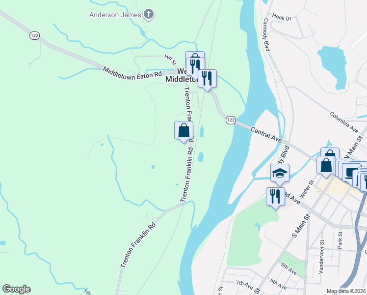map of restaurants, bars, coffee shops, grocery stores, and more near 5158 Trenton Franklin Road in Middletown