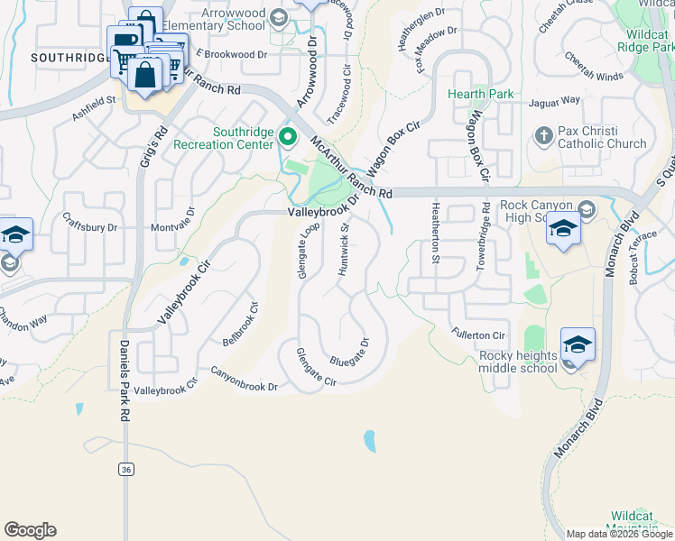 map of restaurants, bars, coffee shops, grocery stores, and more near 10776 Glengate Circle in Littleton