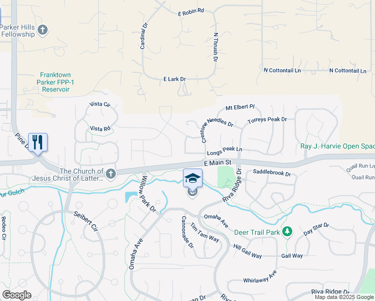 map of restaurants, bars, coffee shops, grocery stores, and more near 21535 Longs Peak Lane in Parker
