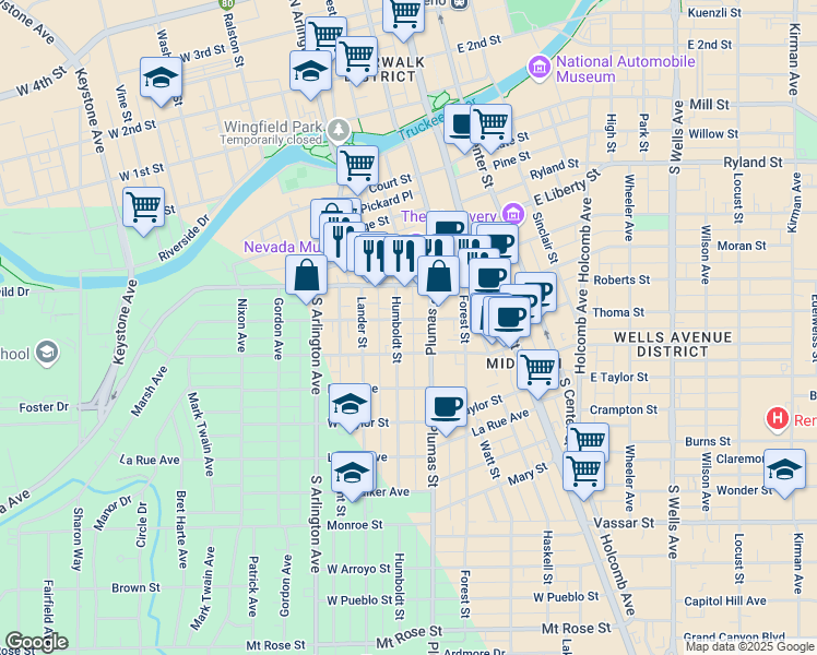 map of restaurants, bars, coffee shops, grocery stores, and more near 534 Humboldt Street in Reno