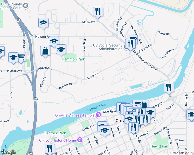 map of restaurants, bars, coffee shops, grocery stores, and more near 69 Grand Avenue in Oroville