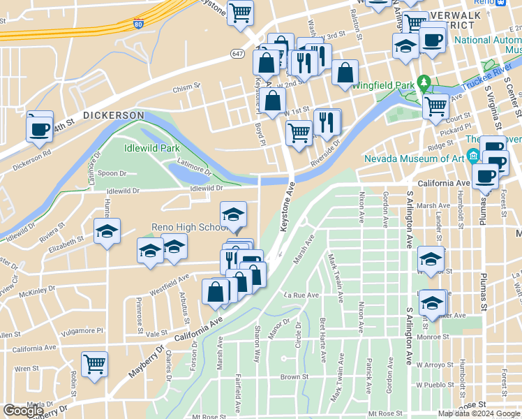 map of restaurants, bars, coffee shops, grocery stores, and more near 210 Booth Street in Reno