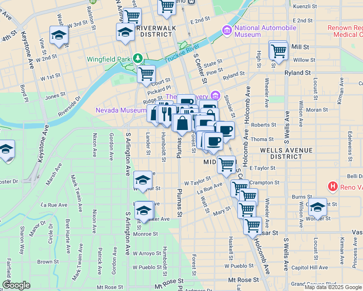 map of restaurants, bars, coffee shops, grocery stores, and more near 142 Marsh Avenue in Reno