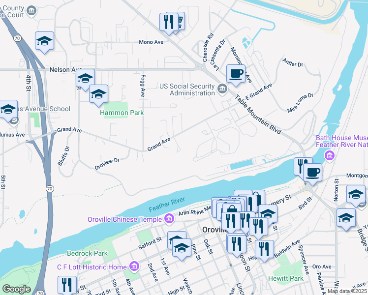 map of restaurants, bars, coffee shops, grocery stores, and more near 55 Grand Avenue in Oroville