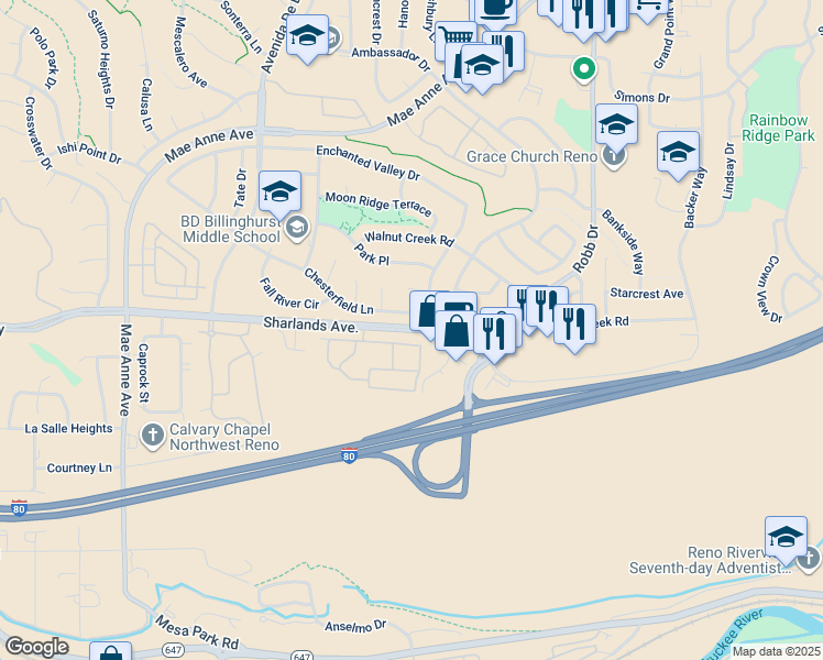map of restaurants, bars, coffee shops, grocery stores, and more near Sharlands Avenue in Reno