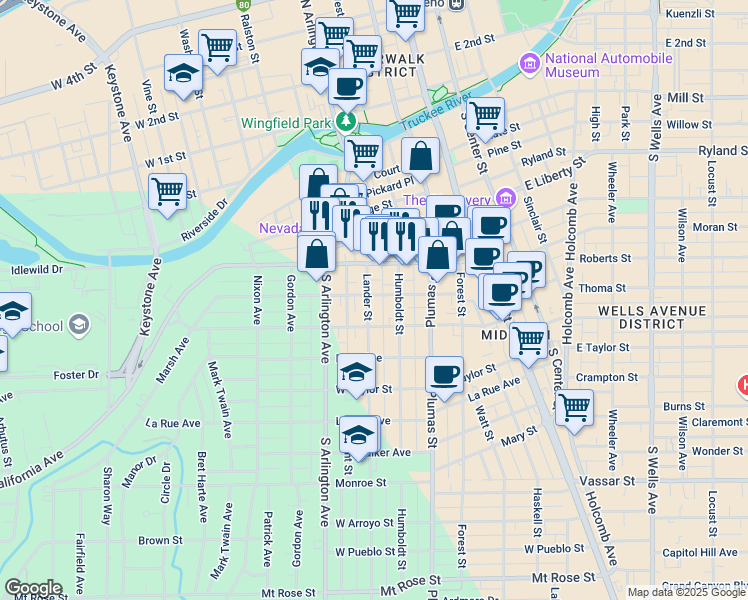 map of restaurants, bars, coffee shops, grocery stores, and more near 405 Marsh Avenue in Reno