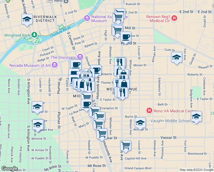 map of restaurants, bars, coffee shops, grocery stores, and more near 256 Thoma Street in Reno