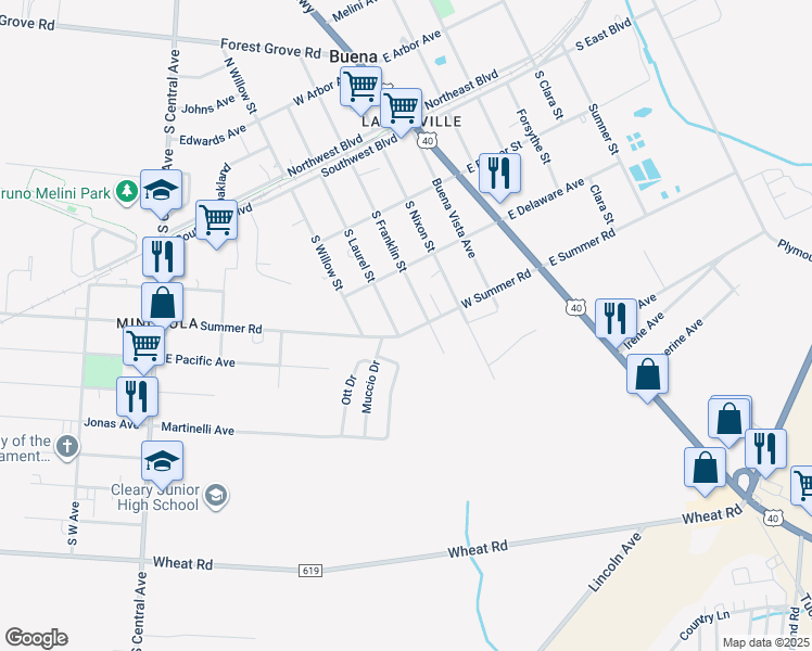 map of restaurants, bars, coffee shops, grocery stores, and more near 313 South Laurel Street in Buena