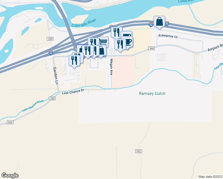 map of restaurants, bars, coffee shops, grocery stores, and more near 961 Last Chance Drive in Rifle