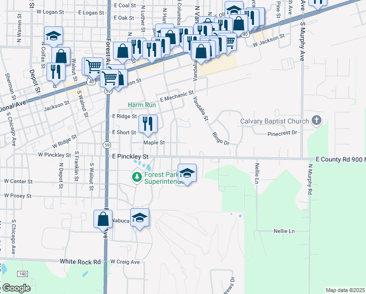 map of restaurants, bars, coffee shops, grocery stores, and more near 505 East Maple Street in Brazil