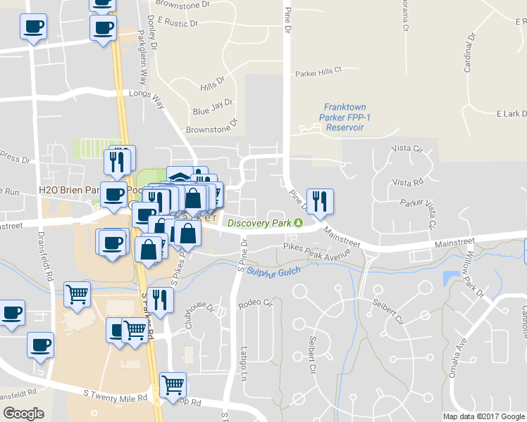 map of restaurants, bars, coffee shops, grocery stores, and more near 10882 Bayfield Way in Parker