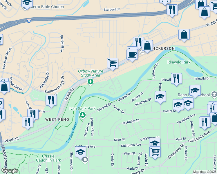 map of restaurants, bars, coffee shops, grocery stores, and more near 225 Mark Jeffrey Lane in Reno