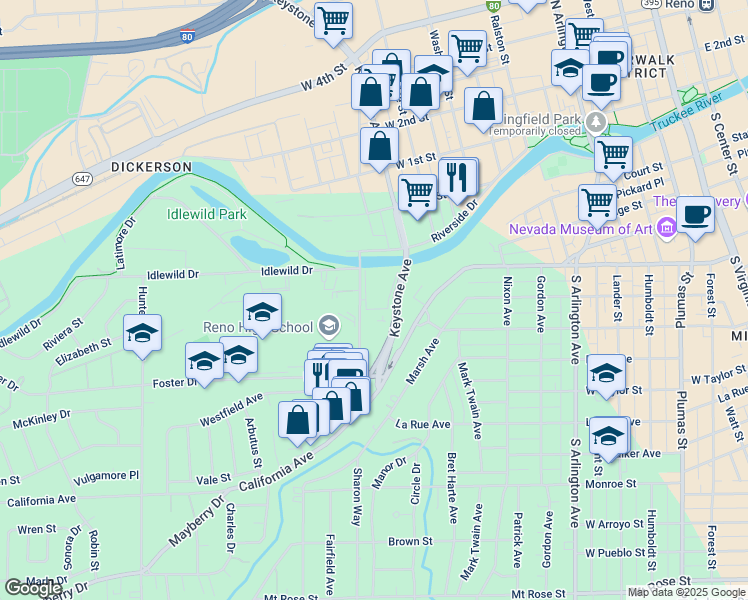 map of restaurants, bars, coffee shops, grocery stores, and more near 230 Booth Street in Reno