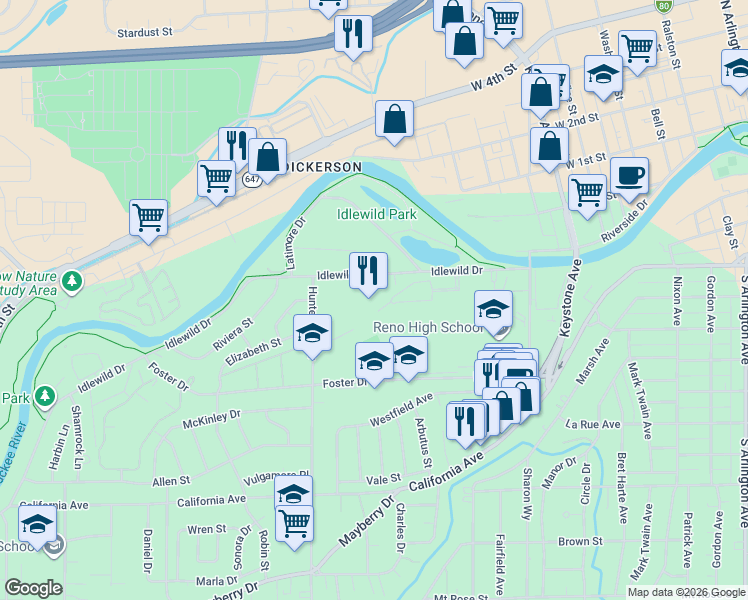 map of restaurants, bars, coffee shops, grocery stores, and more near 1800 Idlewild Drive in Reno
