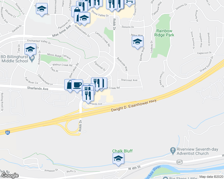 map of restaurants, bars, coffee shops, grocery stores, and more near 6052 Walnut Creek Road in Reno