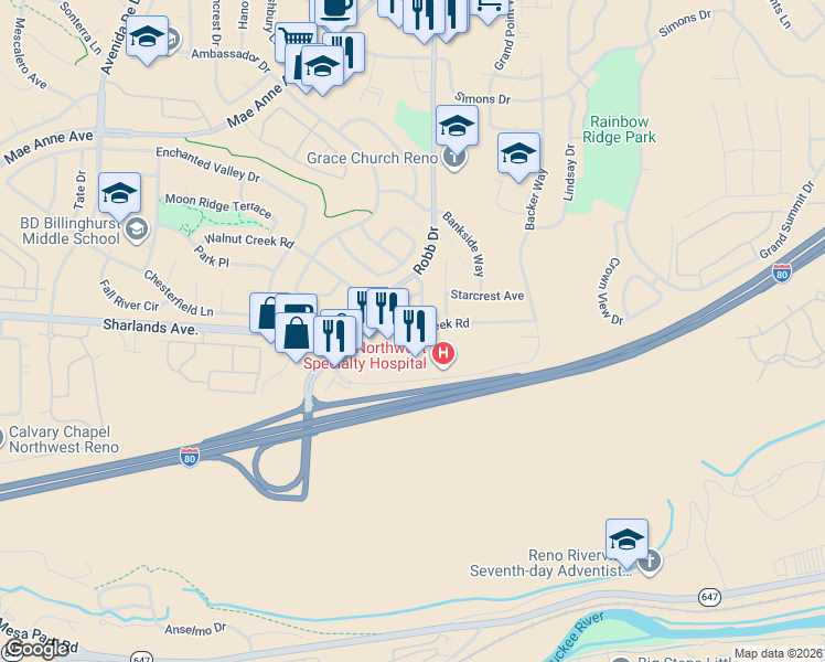 map of restaurants, bars, coffee shops, grocery stores, and more near 6052 Walnut Creek Road in Reno