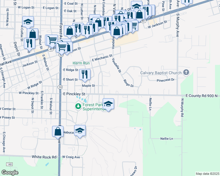 map of restaurants, bars, coffee shops, grocery stores, and more near 505 East Maple Street in Brazil