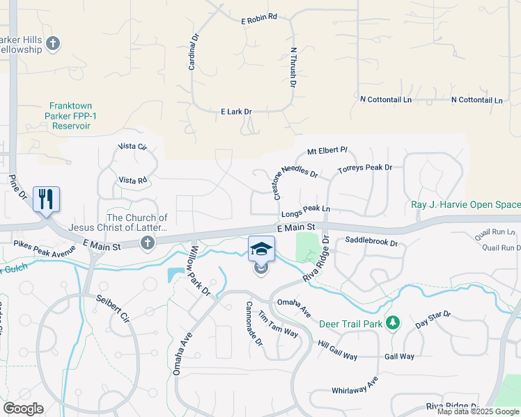 map of restaurants, bars, coffee shops, grocery stores, and more near 21535 Longs Peak Lane in Parker