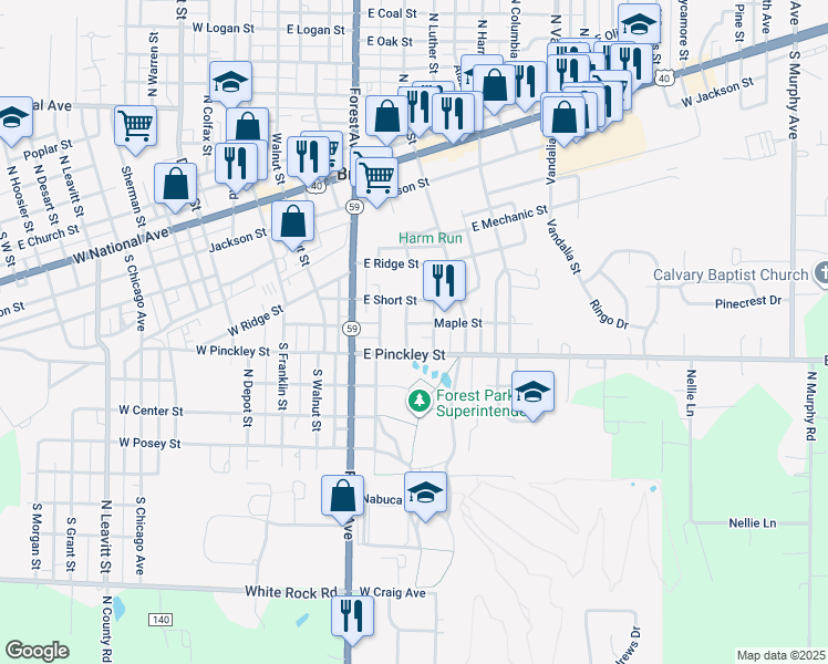 map of restaurants, bars, coffee shops, grocery stores, and more near 301 E Maple St in Brazil